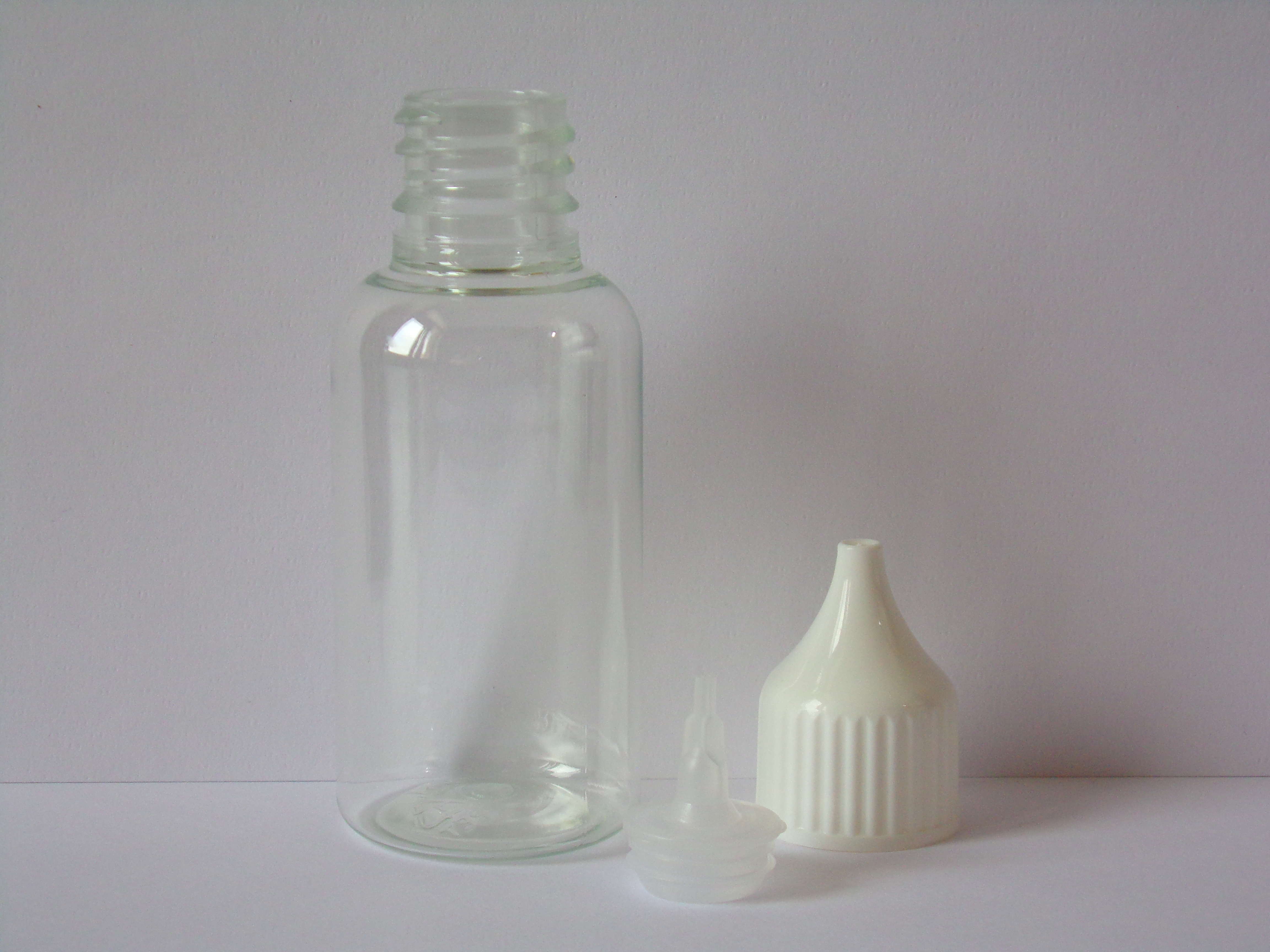 STEZA - Plastová průhledná lahvička 30 ml. (Čírá plastová lahvička i z kapátkem a uzávěrem)